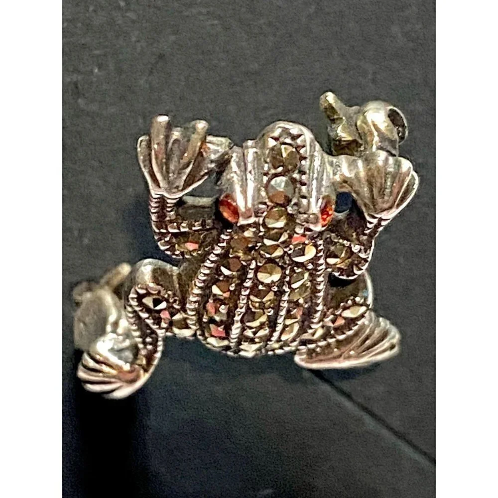 Vintage Two Silver‎ Marcasite Frog Pins with Red Glass Eyes